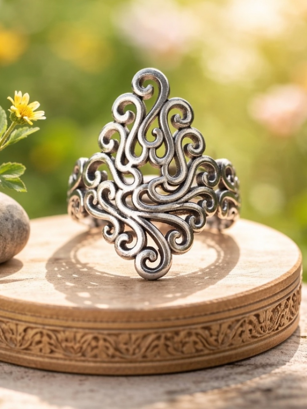 Open Work Scroll Design Band Sterling Silver,  Adjustable Size 7 and Up